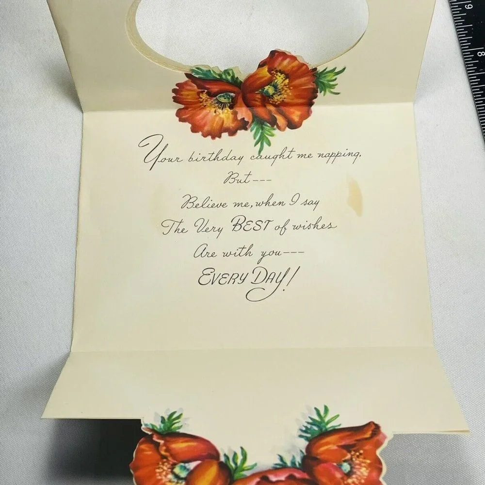 Vintage UNUSED Belated Birthday Poppy Die-Cut Embossed Artistic Greeting Card